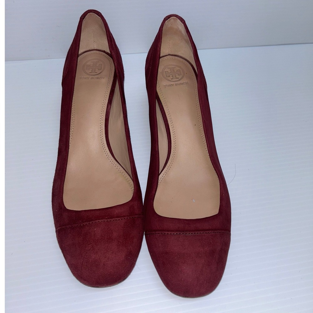 Tory Burch Gigi Burgundy Suede Gold Block Heel Round Toe Pumps Shoes Womens 9.5M